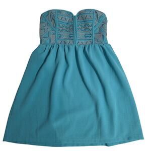 Staring at Stars Strapless Embroidered Bodice Mini Dress XS Teal Blue